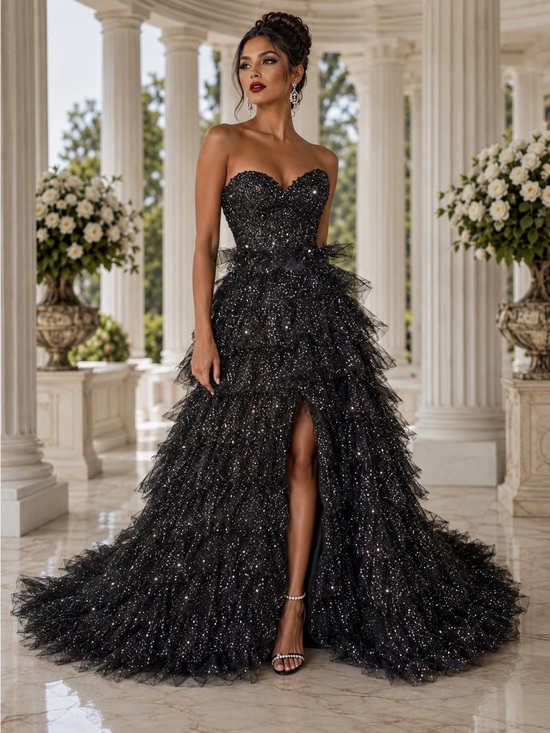 Dresses & Skirts - Sparkly Black Evening Dress SZ 8 Tiered Tulle Glitter Formal Statement Dramatic